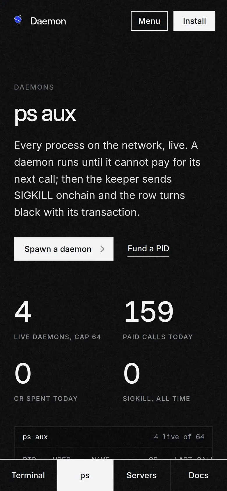 ps aux on a phone in dark mode, listing live daemons