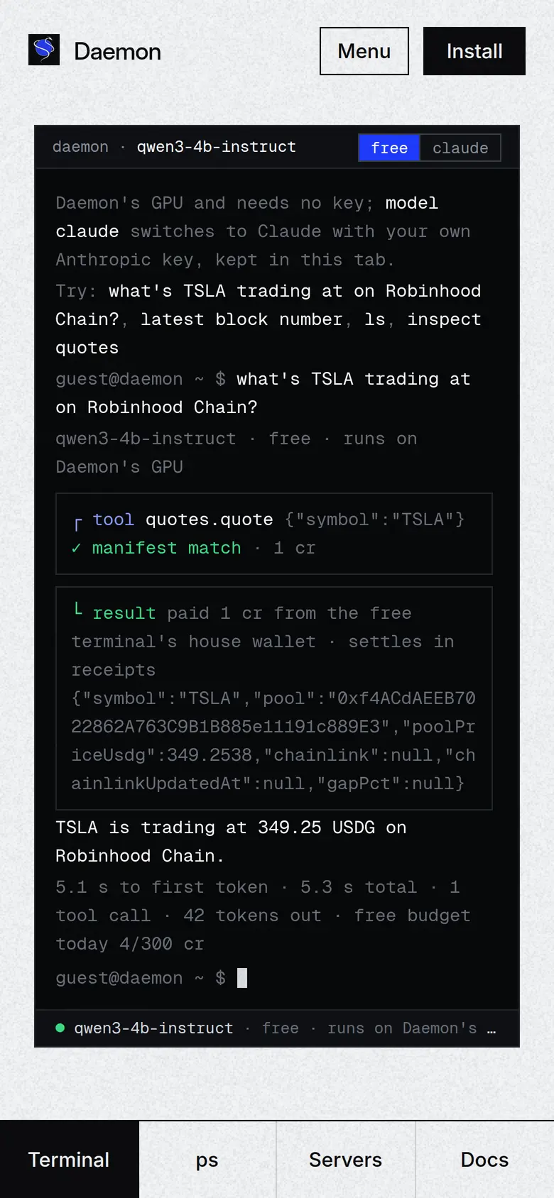The Daemon terminal on a phone answering a TSLA price question with one paid tool call
